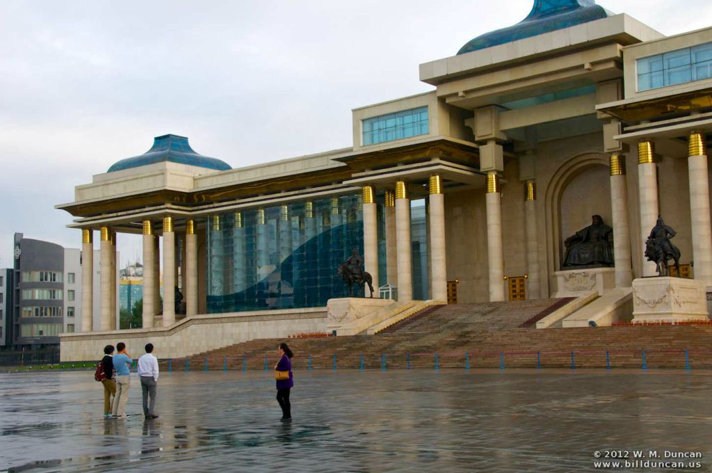 A huge statue of Chinggis Khan fills the front portico of the Parliament Building